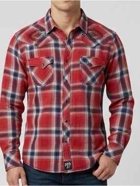 Rock 47 by Wrangler Red Plaid Western Shirt Men’s Medium Embroidered Snap Front